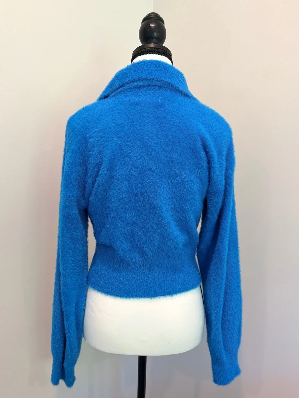 Pink Rose Fuzzy Knit Cropped Button Cardigan Sweater Blue Medium